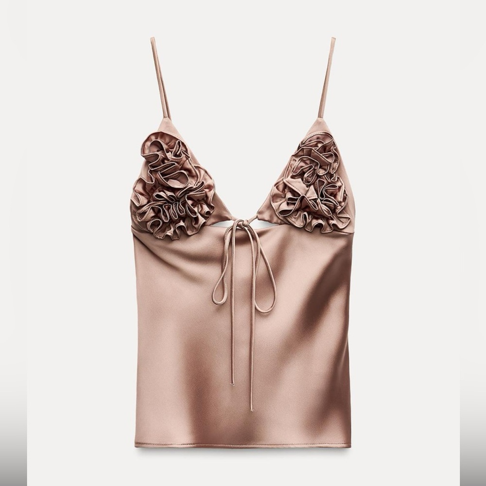 Zara Satin Ruffle Top in Taupe